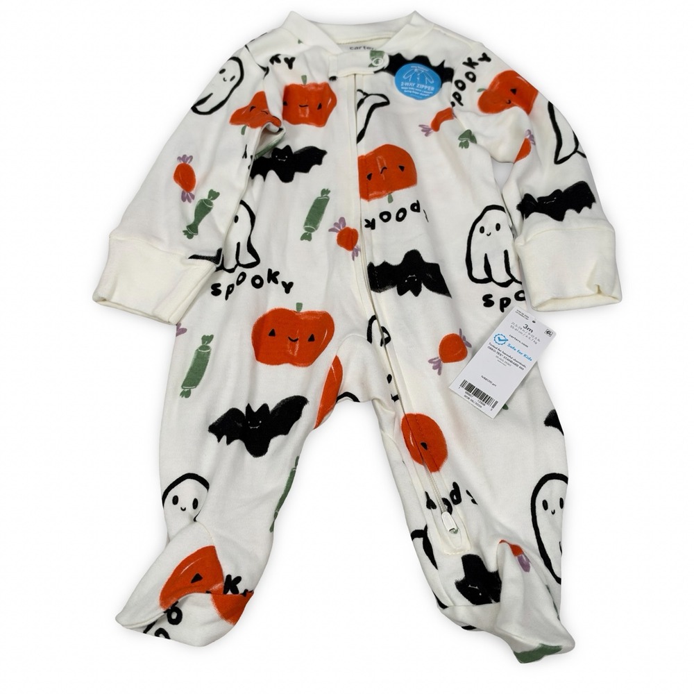 Carters Baby Halloween Footed Pajamas 3M White Spooky Ghost Pumpkin 2-Way Zip
